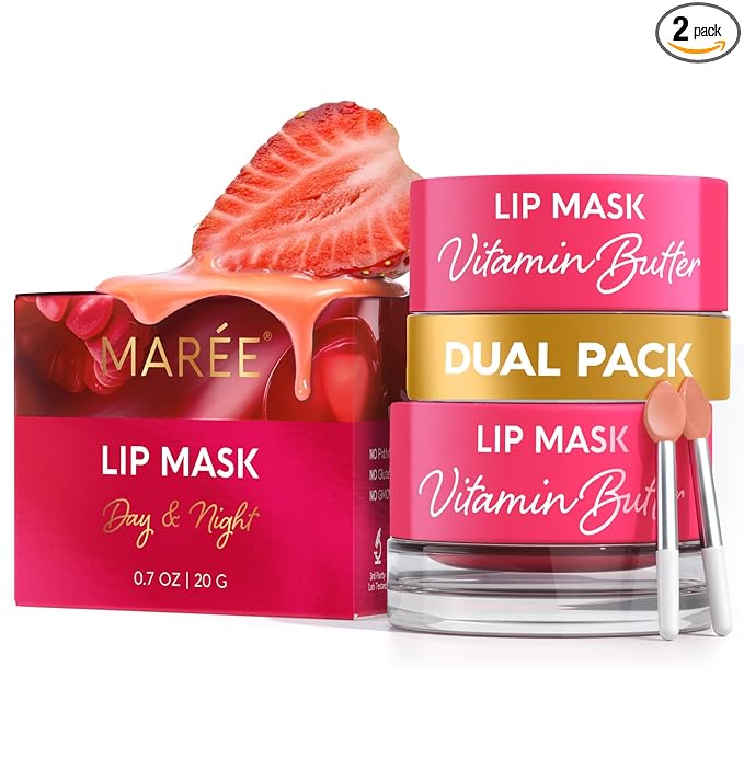 MAREE Lip Mask Overnight 2 Pack - Lip Moisturizer For Very Dry Lips - Hydrating Lip Butter Balm with Hyaluronic Acid & Collagen - Overnight Lip Treatment - Lip Sleeping Mask Repair