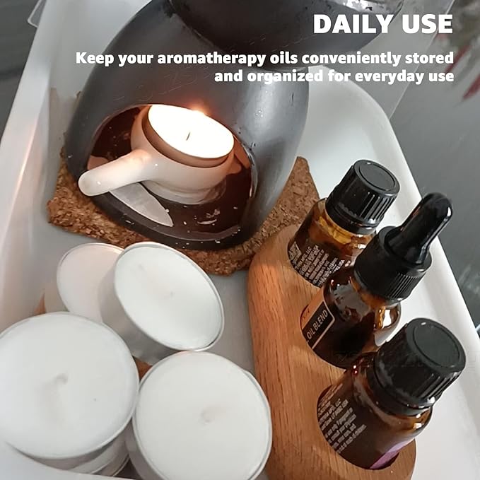 VolksRose Red Oak Essential Oil Organizer 5~20ml - 3 Bottle Wooden Oil Holder - Display Stand for Travel & Home, Storage Rack for Essential Oils, Nail Polish, Perfume, Compact Shelf for Tabletop