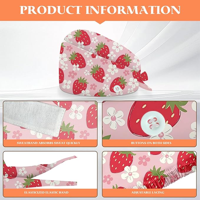 Adjustable Scrub Cap with Buttons & Sweatband, Working Hat with Elastic Tie Back, Unisex Nurse Surgical Caps for Women & Men