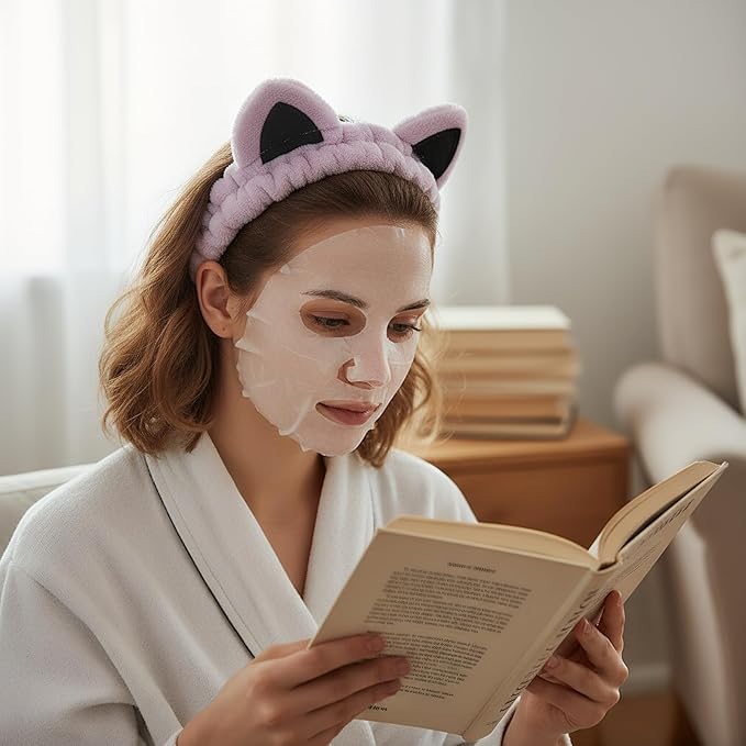 Cat Ears Headband, Cute Spa Headband and Wristband Set Washing Face Skincare Makeup Headbands for Women Girls Trendy Stuff Present Soft Coral Fleece Hair Accessories(Pink Purple+Khaki)