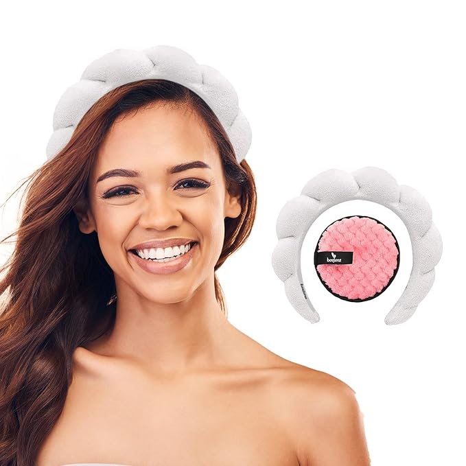Spa Headband - Makeup Remover and Face Washing Headband with Bubble Pads (WHITE)
