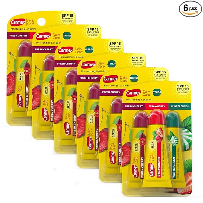 Carmex Daily Care Moisturizing Lip Balm Tubes with SPF, Fresh Cherry, Strawberry and Wintergreen Lip Balm Pack, 0.35 OZ - (6 Packs of 3)