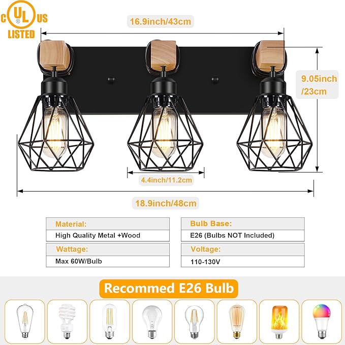 FadimiKoo 3-Light Farmhouse Bathroom Vanity Light Fixtures, Wood Bathroom Lighting Over Mirror, Black Vanity Lights with Metal Lampshade, Vintage Wall Light Fixtures for Bedroom, Living Room, Hallway