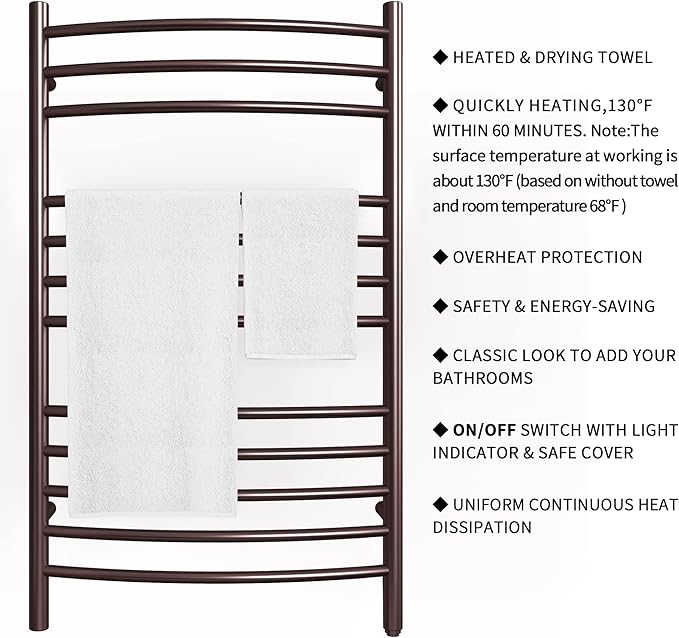 HEATGENE Towel Warmer Venetian Bronze, Electric Hot Towel Rails, Wall-Mounted Large 12 Bars Warming Towel Racks, Plug-in/Hardwired Heated Towel Rails