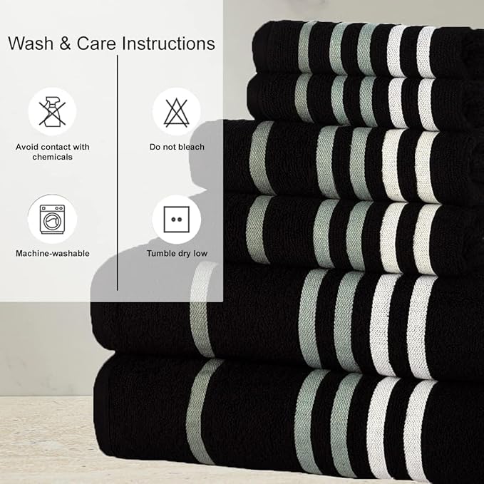 CASA COPENHAGEN Exotic 6Pcs 100% Egyptian Cotton Designer Towels Gift Set- Black,550GSM,2Bath2Hand2Washcloths,Bath Towels for Bathroom (Box Pack,Gift Ribbon Set for Women & Men)