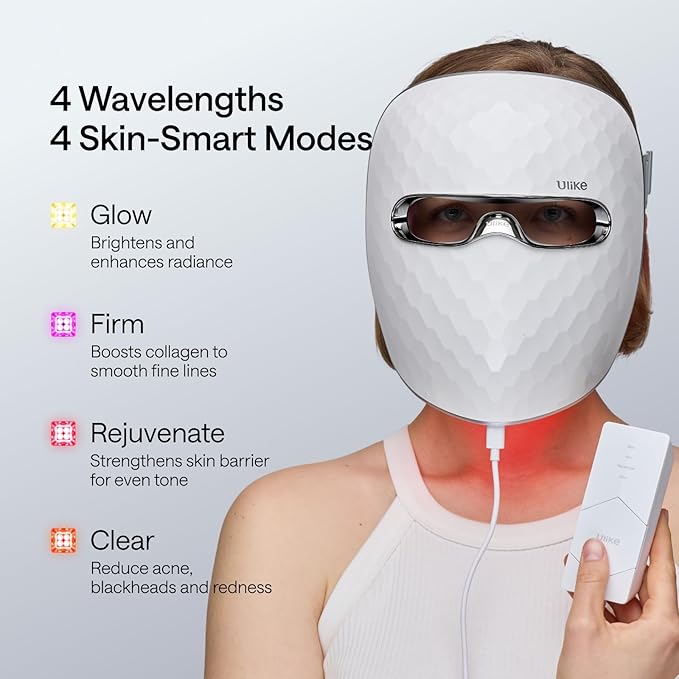 Ulike ReGlow LED Face Mask, Red Light Therapy for Face, Red, Blue, Yellow & Infrared Light Therapy for Acne & Anti-Ageing, Cordless, Remote Control, Eye Protection, Home Skincare Device for Women Wife