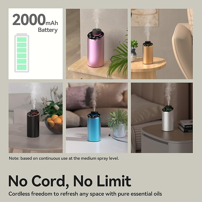 Waterless Essential Oil Diffuser Scent Aromatherapy Diffusers for Home Large Room, Car, Office, Portable Battery Operated Cordless Air Freshener, 4 Timers & 3 Mist Levels, 100ml Capacity (Silver)