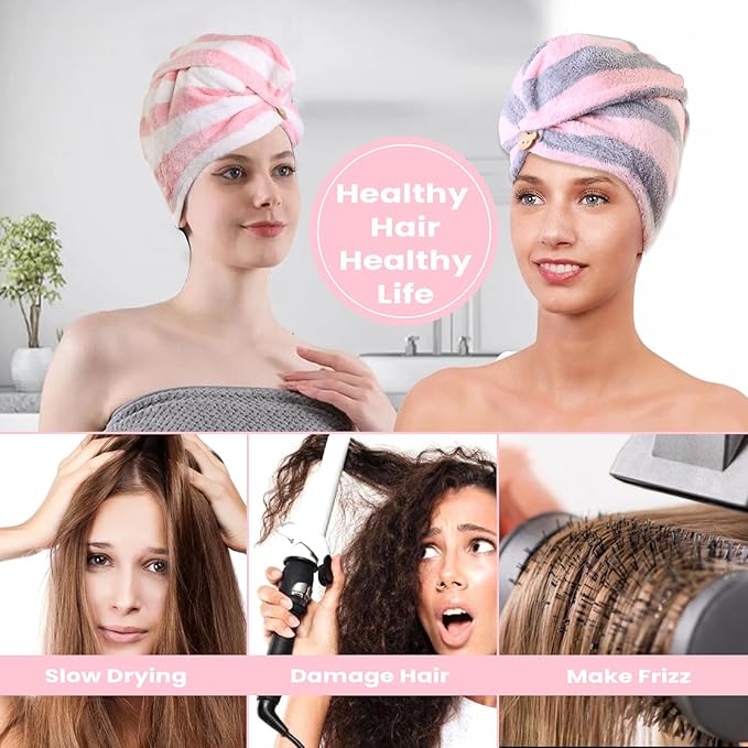 3 Pack Microfiber Hair Towel Wrap for Women, Fast Drying Hair Turban with Button, Anti-Frizz Large Hair Towel for All Hair Styles, Soft & Absorbent Hair Drying Towel