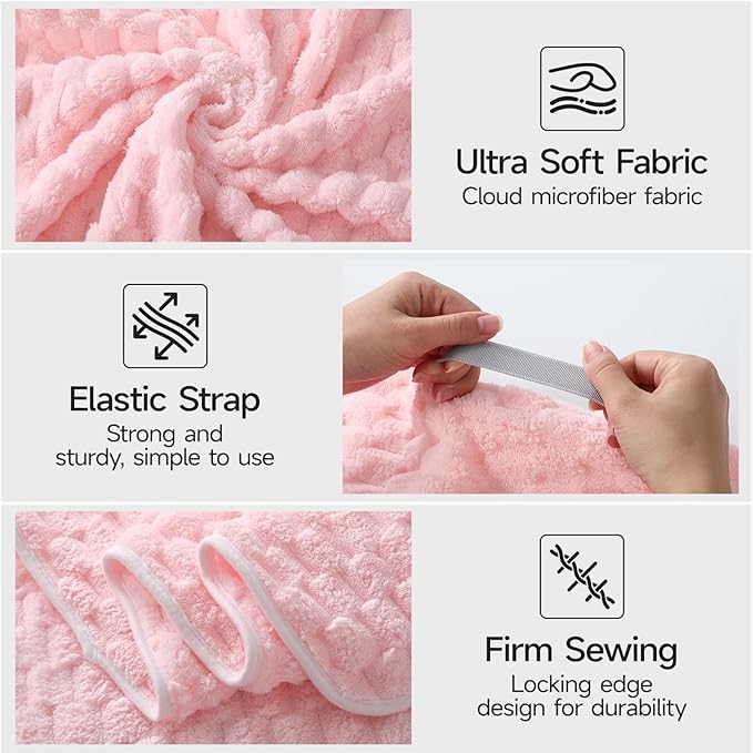 REDKISS Pink Microfiber Hair Towels - Extra Large Hair Towel Wrap for Women, 24x42 inch Hair Towels with Elastic Strap, Super Soft Hair Drying Towels for Long, Thick, Curly Anti Frizz Turbans