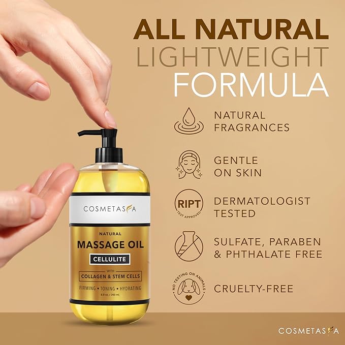 Large Cellulite Massage Oil with Collagen & Stem Cells- 100% Natural Cellulite Oil, Highly Absorbable, Deeply Penetrates The Skin- Firms, Tones, Tightens & Moisturizes Skin by Cosmetasa (16.9 oz)