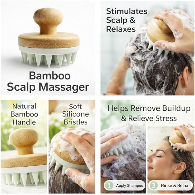 Scalp Massager Shampoo Brush - Soft Silicone Scalp Scrubber for Hair Growth & Dandruff Removal - Natural Bamboo Handle Deep Scalp Cleansing Brush for Men & Women