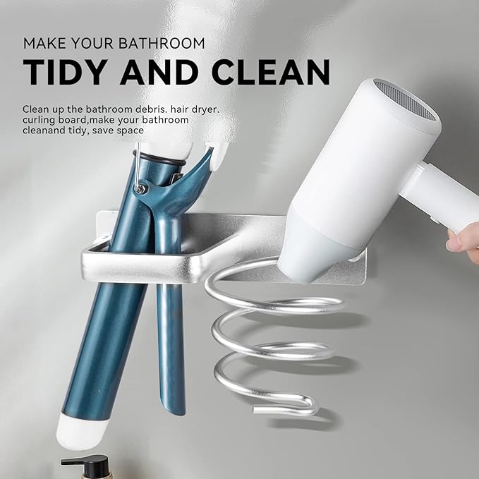 YUET Hair Dryer Holder Hairdryer Station Wall Mounted Shelf Bracket Straightener Stand Hanger Organizer Blow Storage with Cable Tidy Rack for Dressing Table Bathroom Aluminum Professional, Silver