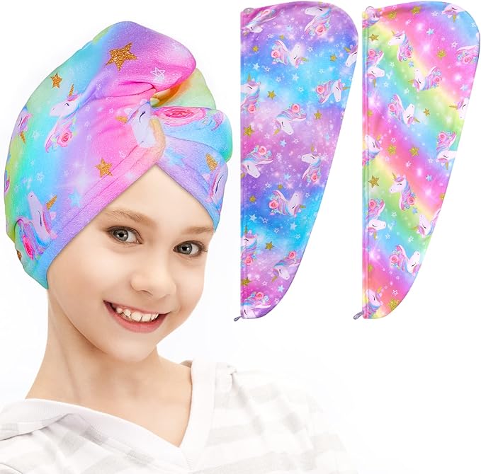 FIOBEE Microfiber Hair Towel Wrap for Kid Rapid Drying Towel Absorbent Hair Turbans for Wet Hair with Button Women Girls Long Curly Hair Pack of 2, Rainbow