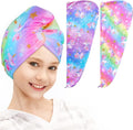 FIOBEE Microfiber Hair Towel Wrap for Kid Rapid Drying Towel Absorbent Hair Turbans for Wet Hair with Button Women Girls Long Curly Hair Pack of 2, Rainbow