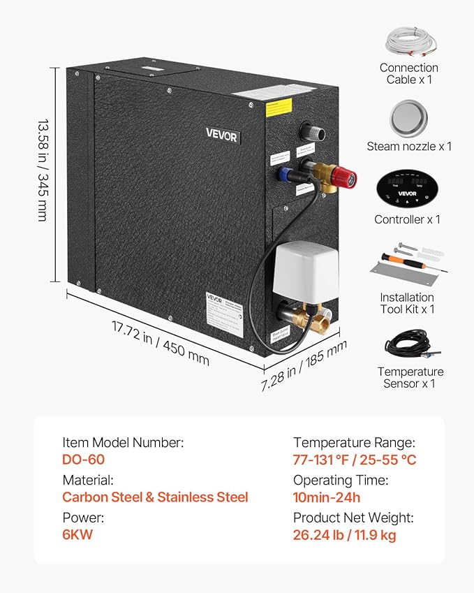 VEVOR Steam Generator, 6 kW Steam Shower System with Controller for Home Sauna & Spa, Commercial Auto Drain Kit with Overheat, Dry-Run & Overpressure Protection, 10min to 24h Timer, Black