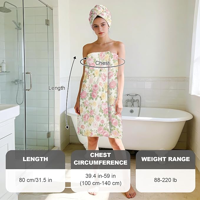 Absorbent Bath Towel Wrap Set for Women, Vintage Flower Print Towel Wrap After Shower, Microfiber Shower Robe Body Towel Wraps for Women, Quick Dry Hair Towels Wraps for Spa Hotel Beach Girl