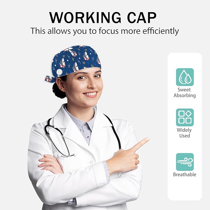 2 Pcs Working Cap with Sweatband for Women Men, Adjustable Cleaning Working Hats, Nurse Surgical Caps