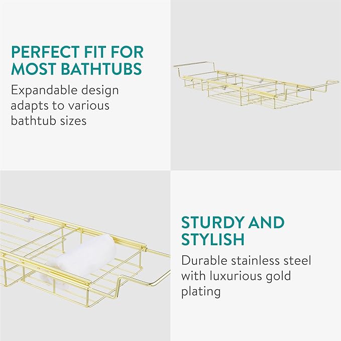 Navaris Gold Wire Bath Tray - Adjustable Bath Caddy - Organiser Trays for Bathtub - Extendable Bath Toy Storage Shelf for Across The Bath - Robust & Easy to Clean Over Bath Rack