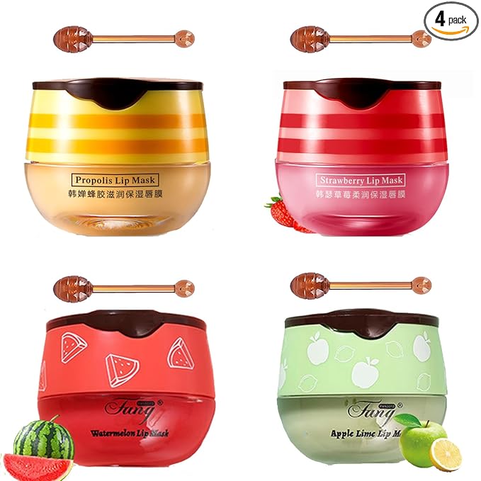 4 PCS Bee Lip Balm Honey Pot,Lip Mask Propolis Moisturizing,Prevention Dry and Cracked Lip Scrubs Exfoliator Lip Wrinkle Skin Care Products (Honey & Strawberry & Watermelon & Apple Lime)
