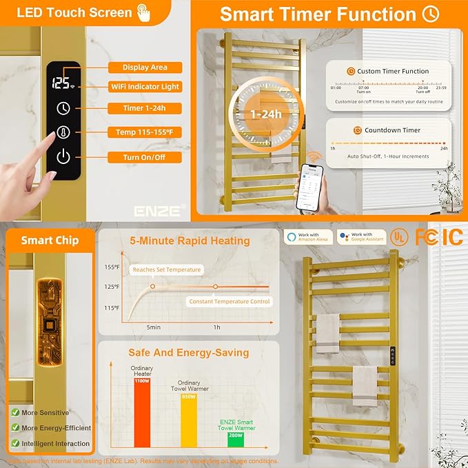 ENZE Smart Heated Towel Rack, 12-Bar Wall-Mounted Electric Towel Warmer 320W, Wi-Fi App Control & LED Touch Screen, Adjustable Temperature & 24H Timer, IPX5, Plug-in/Hardwired, Gold, Low Carbon Steel