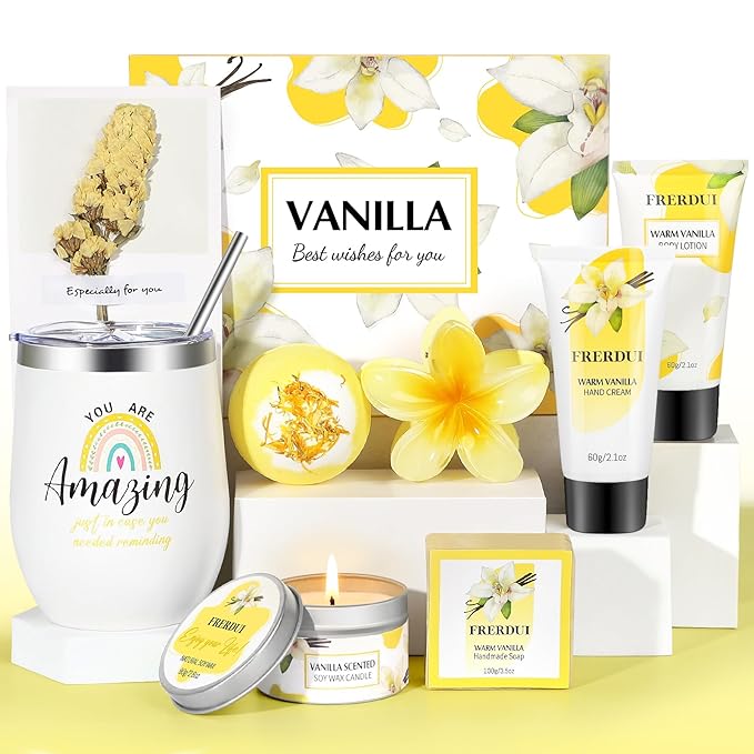 Mothers Day Gifts for Mom, Birthday Gifts for Women, Relaxing Spa Gift Baskets for Women, Warm Vanilla Self Care Bath and Body Gift Set Care Package for Her Wife Mom Female Friends Bestie Sister