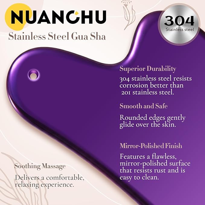 Nuanchu Stainless Steel Gua Sha Facial Tool, Metal Gua Sha for Lymphatic Drainage, Guasha Face Sculpting Double Chin Reduce with Pouch Mother Day Self Care Gift(Purple)