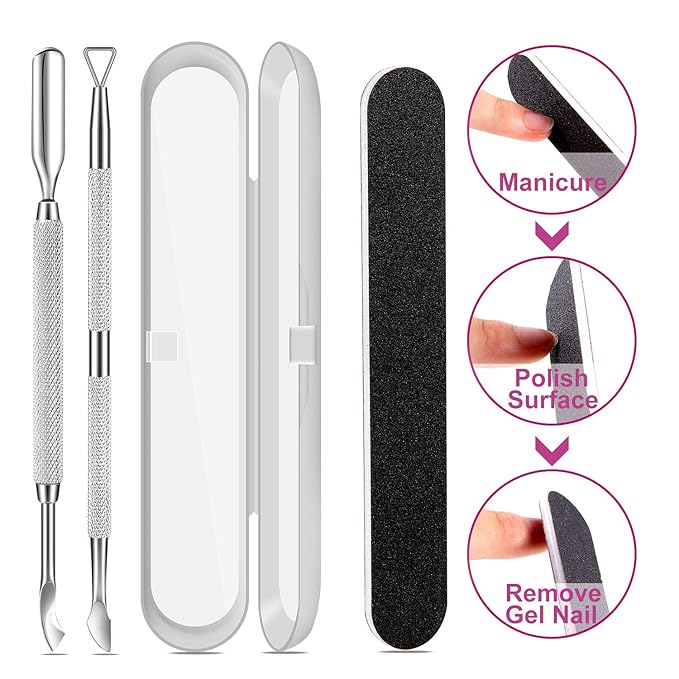 Premium Cuticle Pusher and Gel Polish Remover Set with Nail Files, Professional Grade Stainless Steel Cuticle Remover, Durable Pedicure Manicure Tools Nail Care Kit for Fingernails Toenails Silver