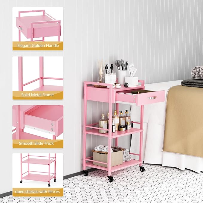 OmySalon Salon Trolley Cart with Wheels, Esthetician Cart with 1 Drawer & 2 Trays, Mobile Storage Organizer for Beauty Spa Massage Tattoo Esthetic Facial Tool Holder Station, Pink