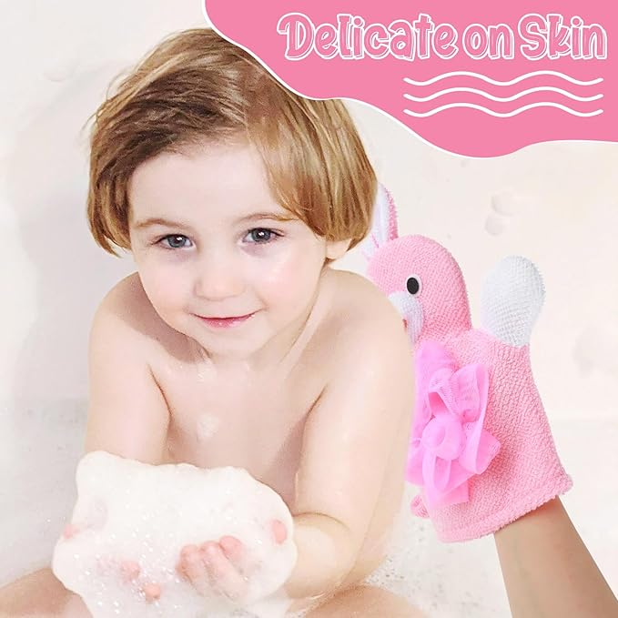 Bath Gloves Loofah for Kids, 2 Pcs Toddler Shower Sponges Body Scrubber, Cartoon Exfoliating Gloves, Cute Animal Washcloths Gloves for Body and Face Easy Lather (Yellow Duck and Pink Rabbit)