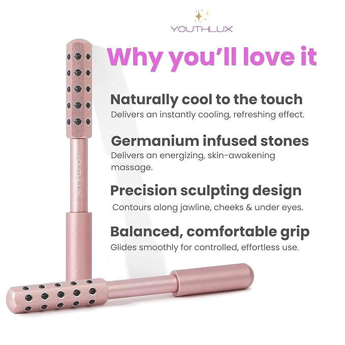 Radiance Roller – Germanium Stone Facial Massage Tool/Wand Face Roller for Lifting, Sculpting, De-Puffing, Glow Boost, Energizing & Cooling Effect (Rose Gold)