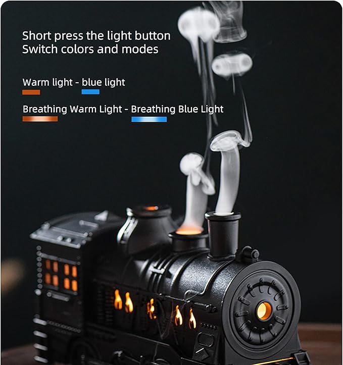 Retro Train Aromatherapy Diffuser 300ML Ultrasonic Cool Mist Humidifier with LED Night Light, Remote Control, Timer, 2 Mist Modes for Home Bedroom Office