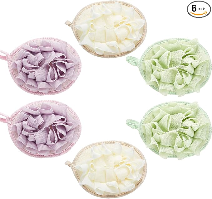 Boao 6 Pcs Bath Shower Pouf Sponge Mesh Pouf Shower Ball Exfoliating Body Sponge Pad Scrubber Glove with Flower Bath Ball (Beige,Green,Purple)