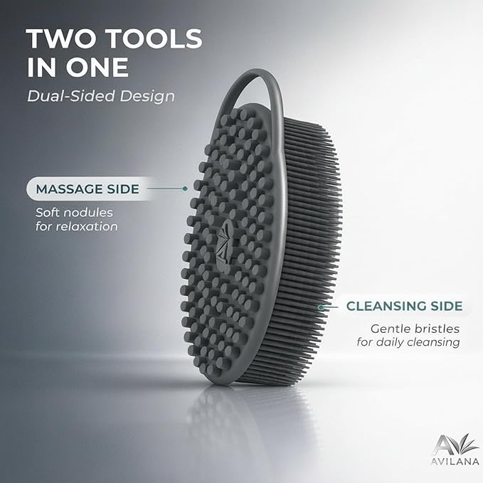 Avilana Premium Silicone Body Scrubber -Trusted Since 2017 - SGS Certified Food Grade Dual Sided Bath Brush, Quick-Dry Exfoliating Loofah Alternative, Massage Brush Sensitive Skin Women Men