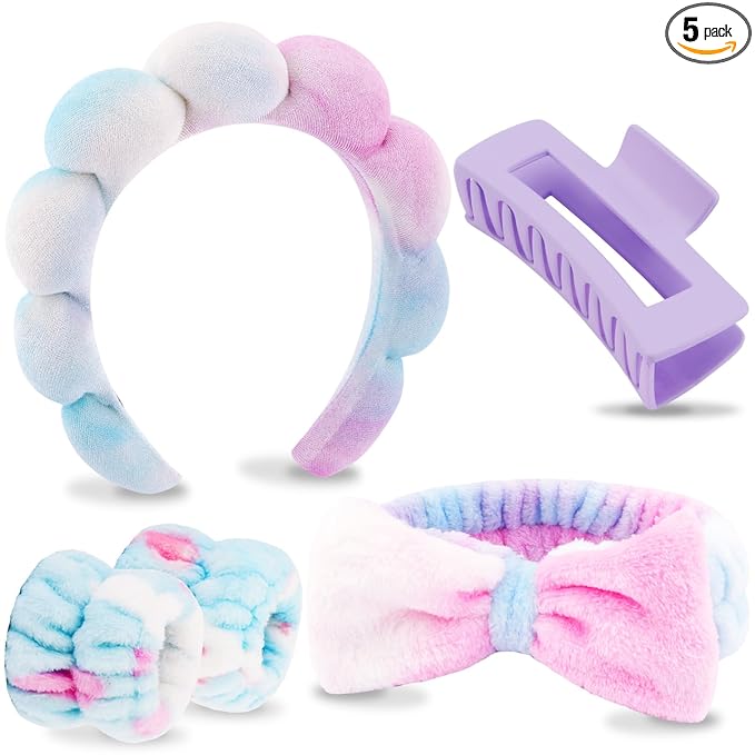 VELSCRUN Spa Headbands for Wash Face, Makeup Headband, Facial Skincare Headbands, 5 Pcs Colourful Puffy Sponge Spa Headband Bow Tie Hair Band Hair Clips Wristband Set Women Girls Accessories