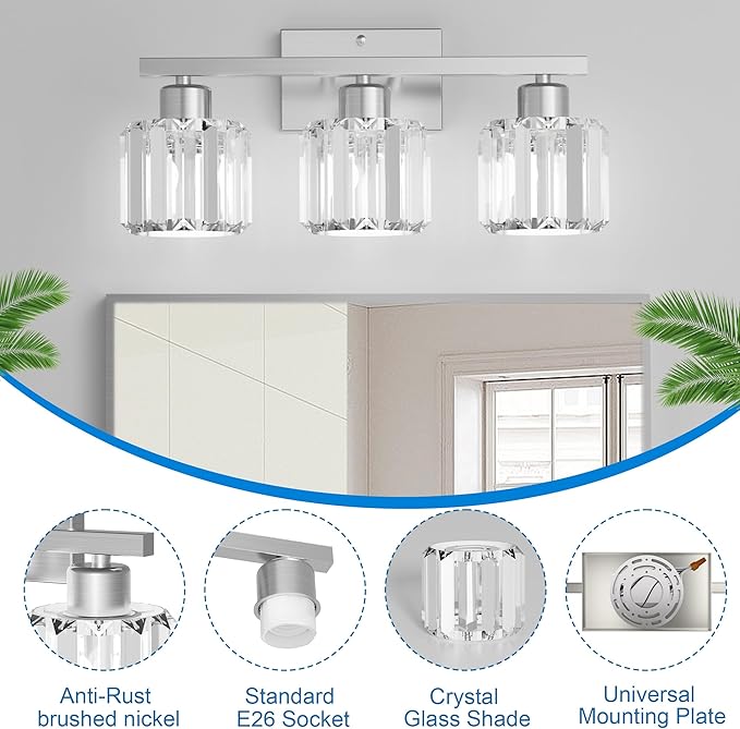 comzler 3-Light Bathroom Light Fixtures Over Mirror, Brushed Nickel Crystal Wall Sconce with E26 Base for Mirror Kitchen Living Room Bathroom, Round Crystal Shades (Bulbs Excluded)