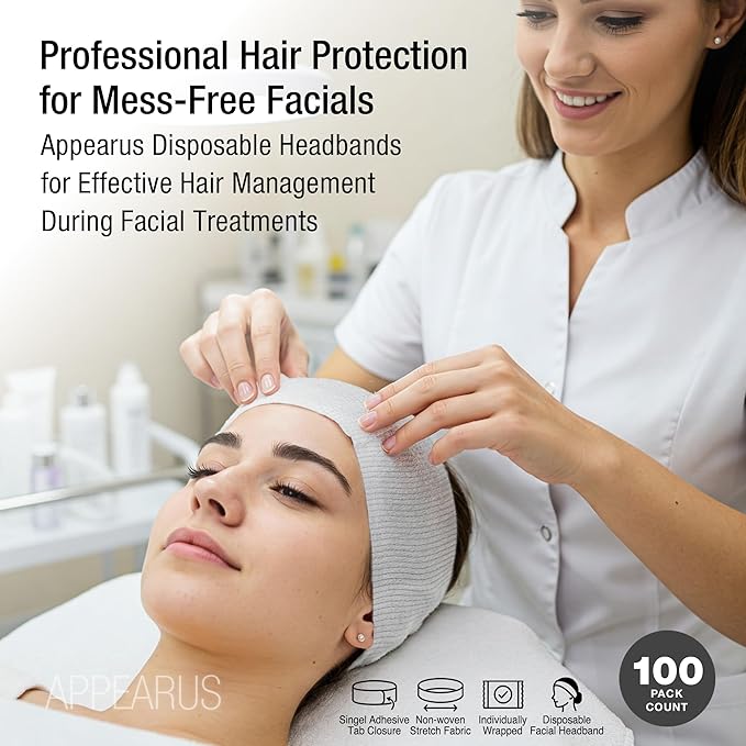 APPEARUS Disposable Stretch Facial Headbands, 100 Count, Snag-Free Adhesive Tab Closure, for Spa, Estheticians, Waxing and Lash Extensions, White