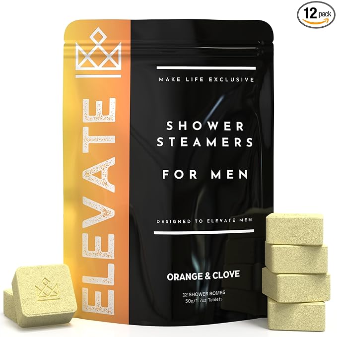 Shower Steamers for Men - Elevate - Citrus Orange & Clove Organic Shower Bombs for Elevated Mornings - 12 Pack of Relaxing Tablets - Strong Scented Long Lasting Aromatic Steamers