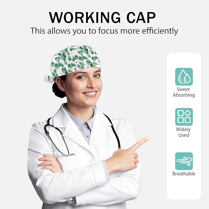2 Pcs Working Cap with Sweatband for Women Men, Adjustable Cleaning Working Hats, Nurse Surgical Caps