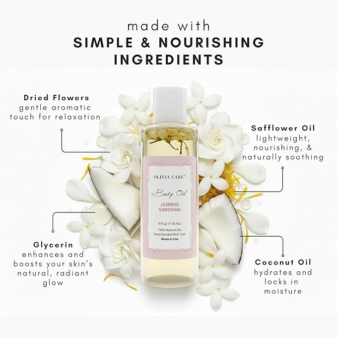 Olivia Care Jasmine Gardenia Body Oil Vegan & Natural Oil For Women | Hydrating & Moisturizing After Bath Oil - with VITAMIN E, K & Omega Fatty Acids Reduce Dry Skin - 4 OZ