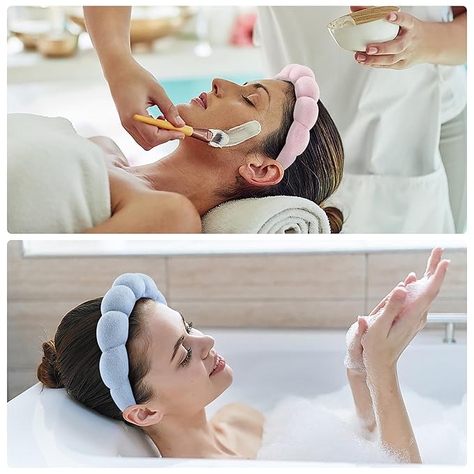 Ztomine Spa Headbands for Face Washing, Facials, Masks & Skin Treatments, Set of 2, 100% Cotton Terry Cloth, Plush Soft Absorbent Headband, Pink & Blue