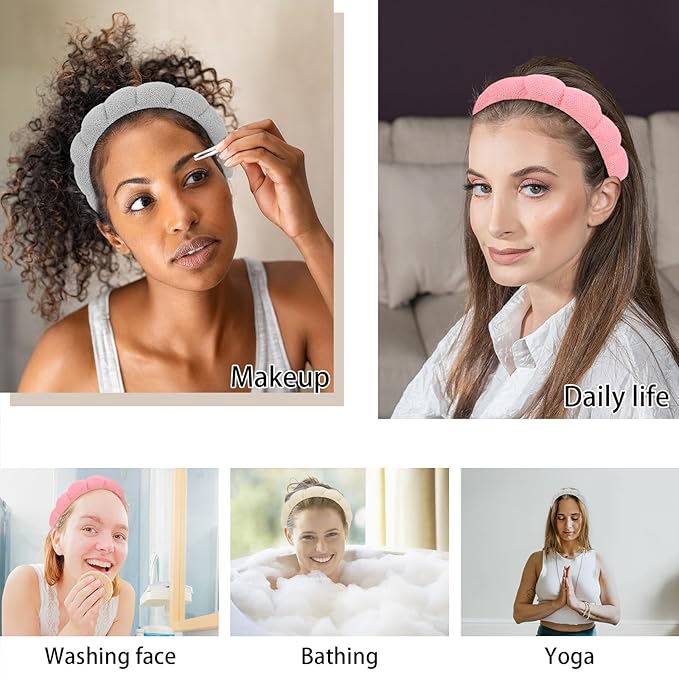 WHAVEL 3 Pack Spa Headband for Skincare, Makeup, Face Washing - Sponge Terry Cloth Puffy Hair Band for Women Girls (Gray, Khaki, Pink)