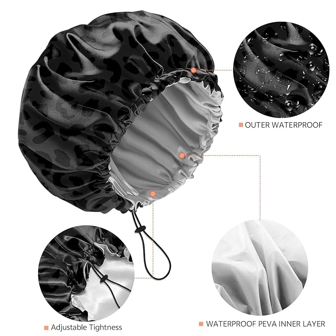 Shower Cap Reusable Double Layer Adjustable Elastic Waterproof EVA Hair Bath Caps for Women Girls Cute Aesthetic-Black Leopard
