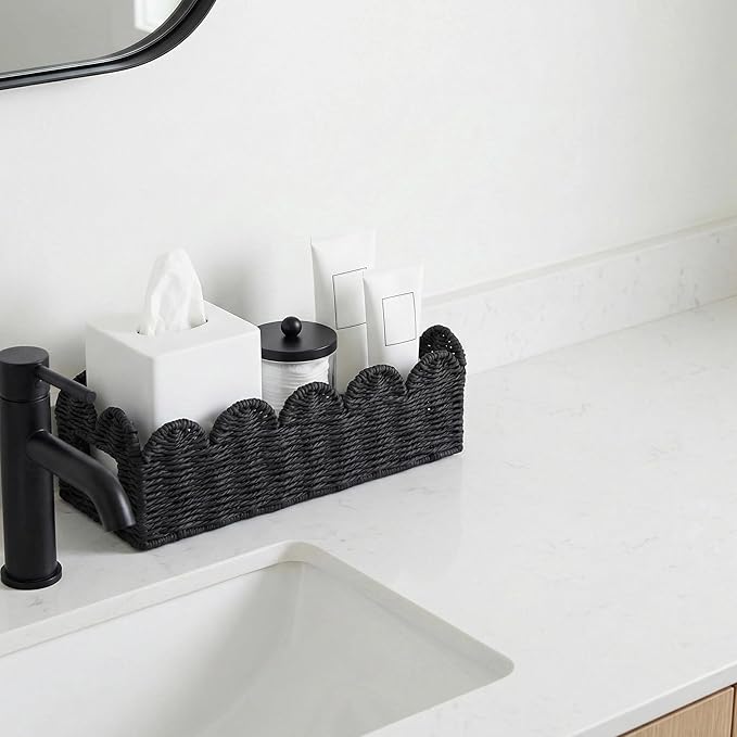 Scalloped Toilet Tank Basket for Back of Toilet, Black Wicker Bathroom Tray for Toilet Paper Storage, Bathroom Organizer for Tank Top, Countertop & Small Spaces