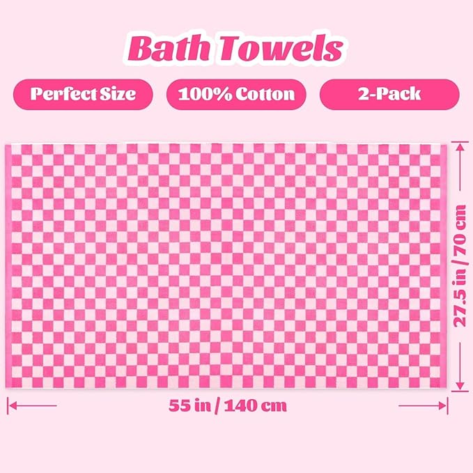 Jacquotha Hot-Pink Checkered Cotton Bath Towels Set of 2 - Cute Aesthetic Bathroom Towels for Women Girls Teens, Bathroom Decor 27.5" x 55"