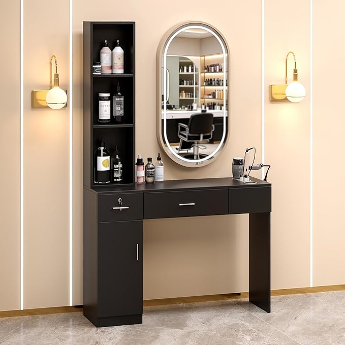 OmySalon Salon Stations for Hair Stylist, Locking Barber Station Organizer, Wall Mount Hair Styling Equipment with 2 Drawers, 1 Storage Cabinet, 3 Open Shelves, for Beauty Spa Hairdresser, Black