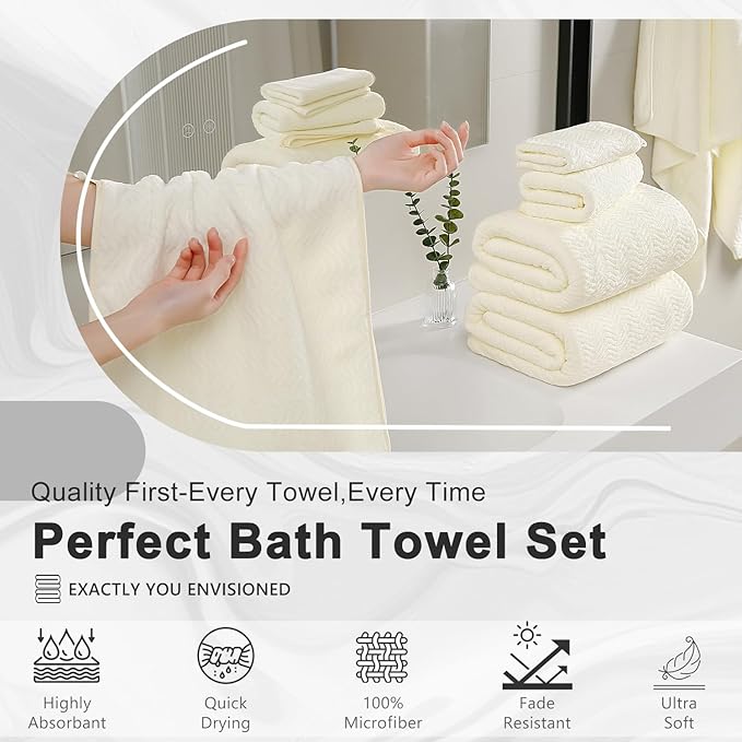 8 Piece Bath Towel Set |2 Oversized Large Bath Sheet,2 Hand Towels,4 Washcloths| Ultra Soft Cozy Bath Towel Set for Bathroom Hotel Gym Spa,Highly Absorbent Quick Dry Bathroom Towel Collections,Cream