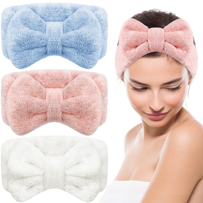 Hicarer 3-Piece Towel Headbands for Women - Microfiber Spa & Sports Headband with Cute Bowtie Design (Light Orange, Blue, White)