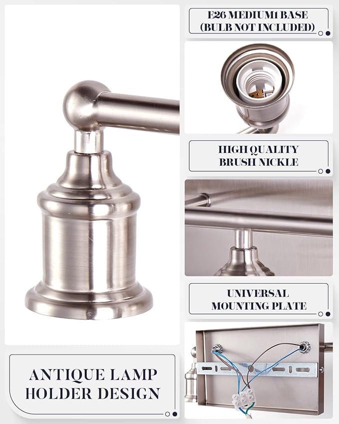 3-Light Vanity Light Fixture, Modern Brushed Nickel Wall Sconce Light Fixture, Industrial Bathroom Vanity Wall Lighting for Mirror, E26 Base Indoor Wall Lamps for Hallway(Bulb Not Included)