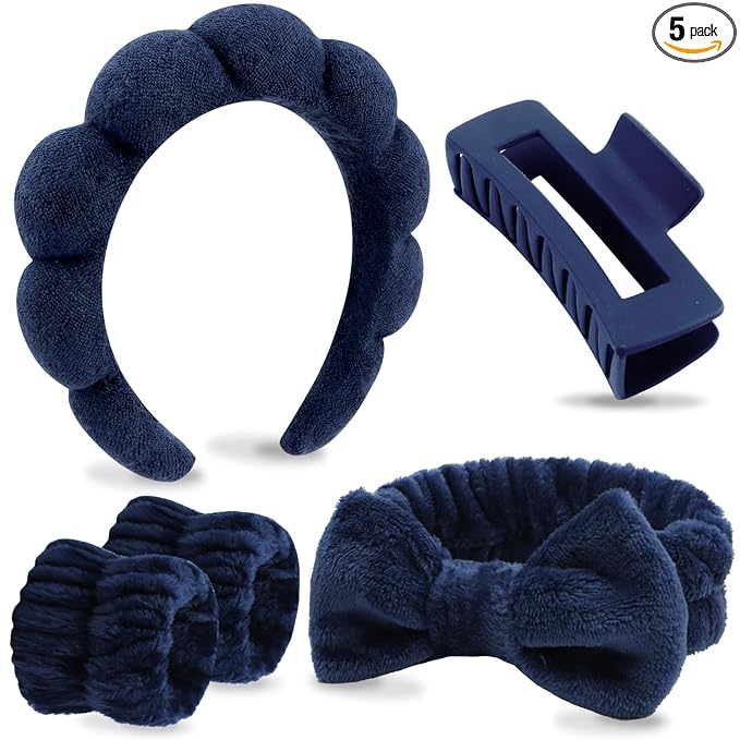 VELSCRUN Spa Headbands for Wash Face, Makeup Headband, Facial Skincare Headbands, 5 Pcs Dark Blue Puffy Sponge Spa Headband Bow Tie Hair Band Hair Clips Wristband Set Women Girls Accessories