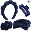 VELSCRUN Spa Headbands for Wash Face, Makeup Headband, Facial Skincare Headbands, 5 Pcs Dark Blue Puffy Sponge Spa Headband Bow Tie Hair Band Hair Clips Wristband Set Women Girls Accessories